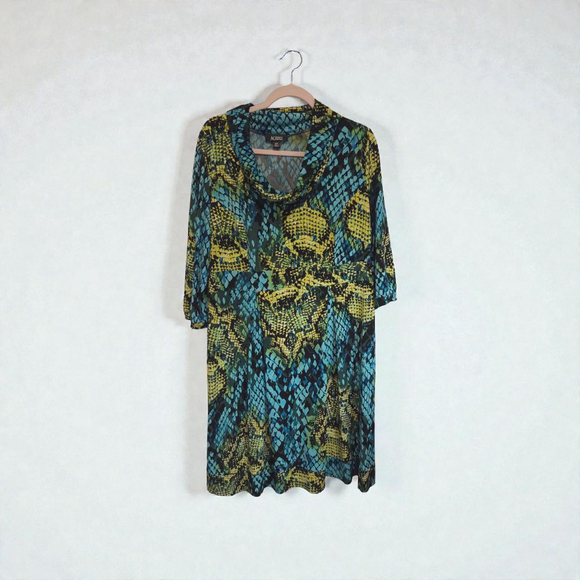 AGB DRESS Teal Yellow Snake Print Long Sleeve Dress 16W - Picture 2 of 5